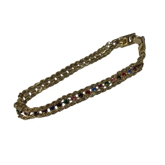 Yechang Rhinestone Bracelet Multicolor Gold Tone Vintage Pink Green Blue Red - Picture 8 of 10